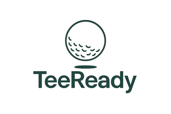 Create a logo that has the word TeeReady that is dark green with a outline of a golf ball hovering over the words TeeReady